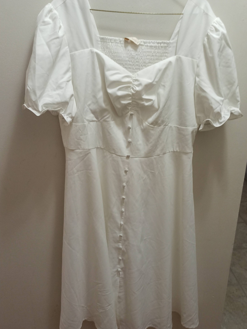 White Puff-Sleeve Button-Front Women's Dress